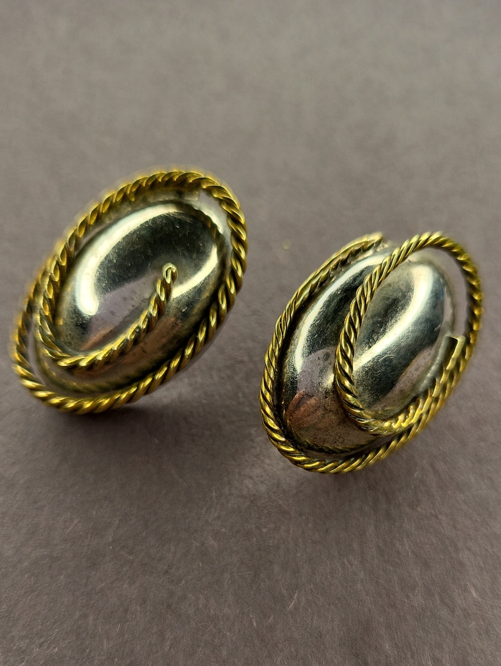 Vintage Two-Tone Gold & Silver Oval Rope Clip-On Earrings